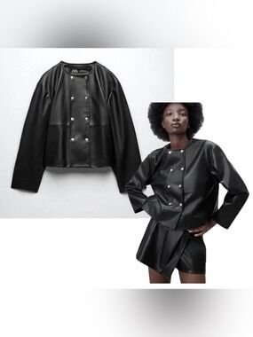 Zara Black Faux-Leather Double-Row Snap blazer Jacket Sz M pleather vegan